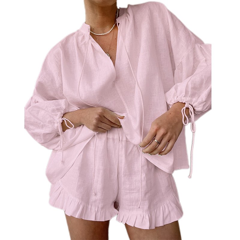 womens sets 2024 summer long sleeve high quality womens linen shirt and shorts sets two pieces sets for women