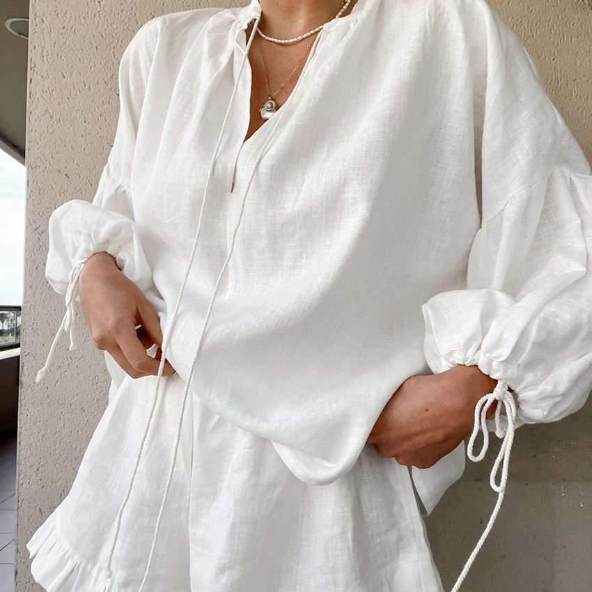 womens sets 2024 summer long sleeve high quality womens linen shirt and shorts sets two pieces sets for women