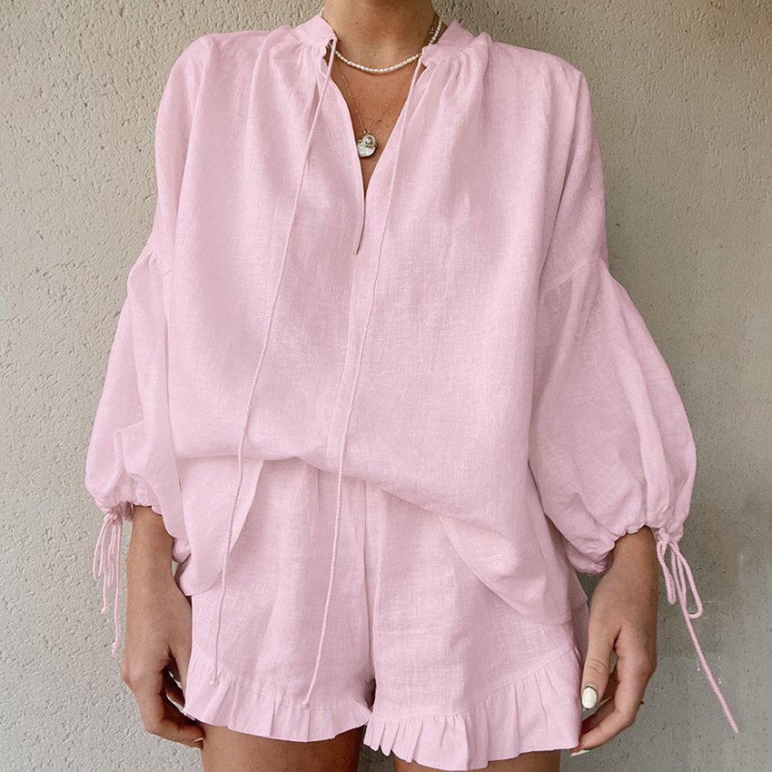womens sets 2024 summer long sleeve high quality womens linen shirt and shorts sets two pieces sets for women