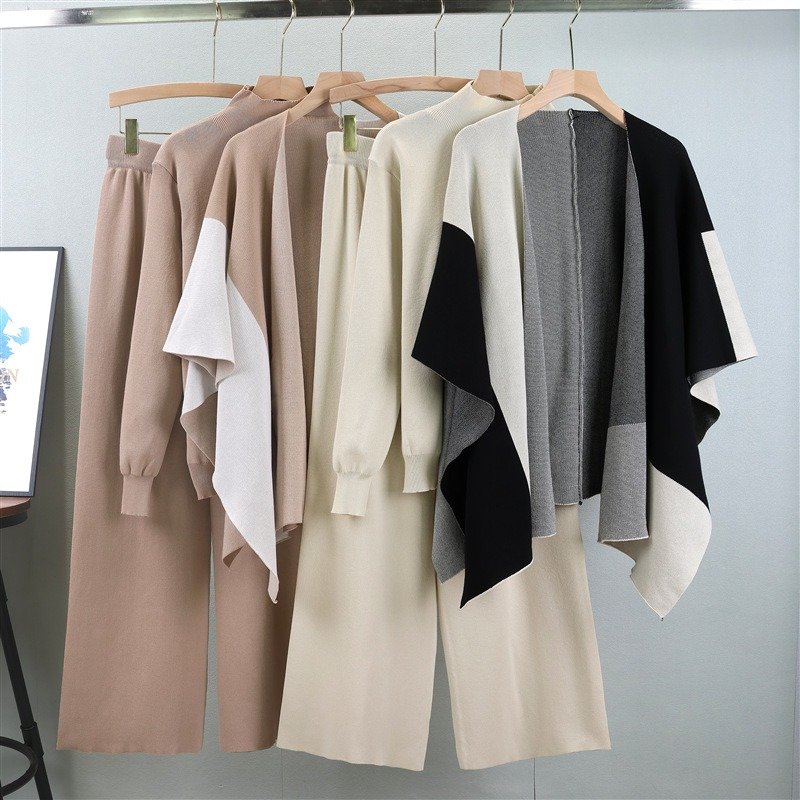 B4910 2024 autumn new fashion knitted matching color shawl wide-leg pants temperament fashionable three-piece set women