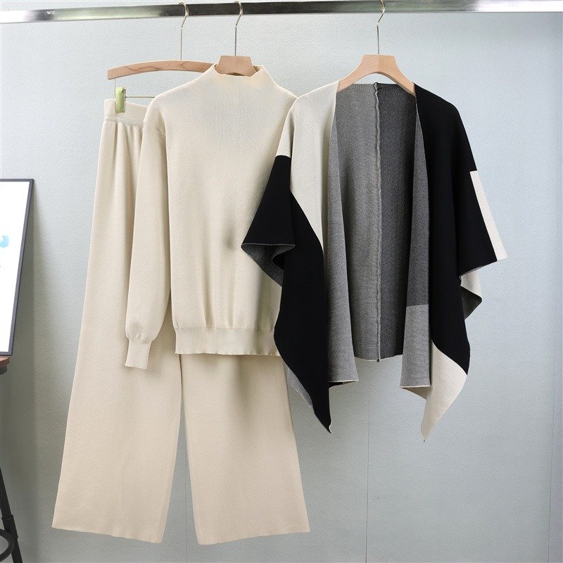 B4910 2024 autumn new fashion knitted matching color shawl wide-leg pants temperament fashionable three-piece set women