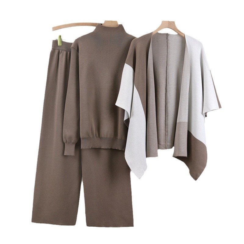 B4910 2024 autumn new fashion knitted matching color shawl wide-leg pants temperament fashionable three-piece set women