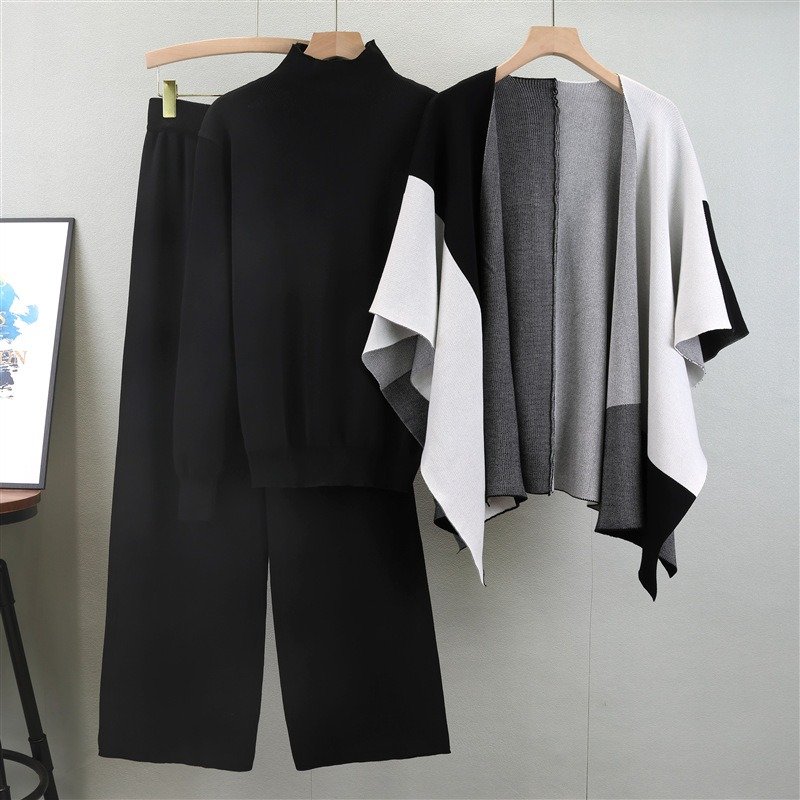 B4910 2024 autumn new fashion knitted matching color shawl wide-leg pants temperament fashionable three-piece set women