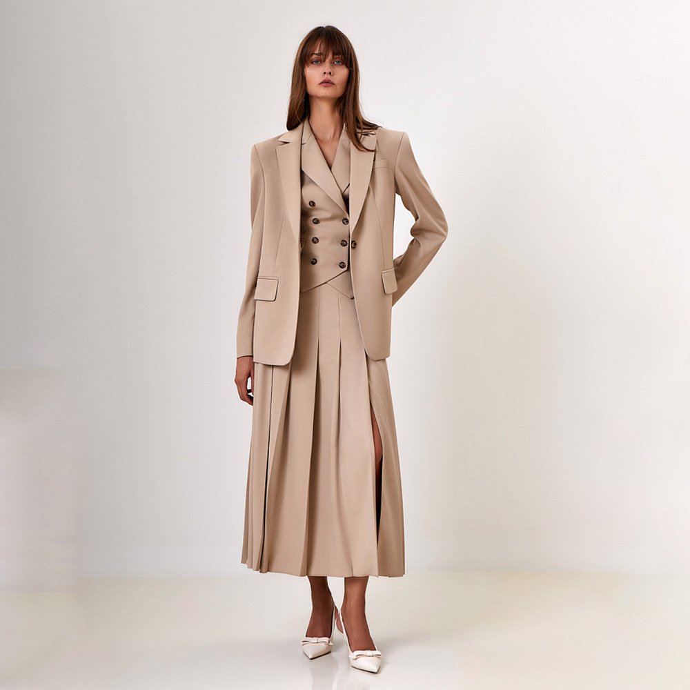 Autumn 2024 Elegant New Style Long Skirt Suit Sleeveless Vest Pleated Long Dress Two-piece Set Office Lady