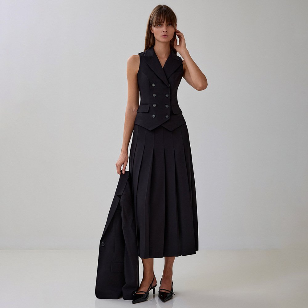 Autumn 2024 Elegant New Style Long Skirt Suit Sleeveless Vest Pleated Long Dress Two-piece Set Office Lady