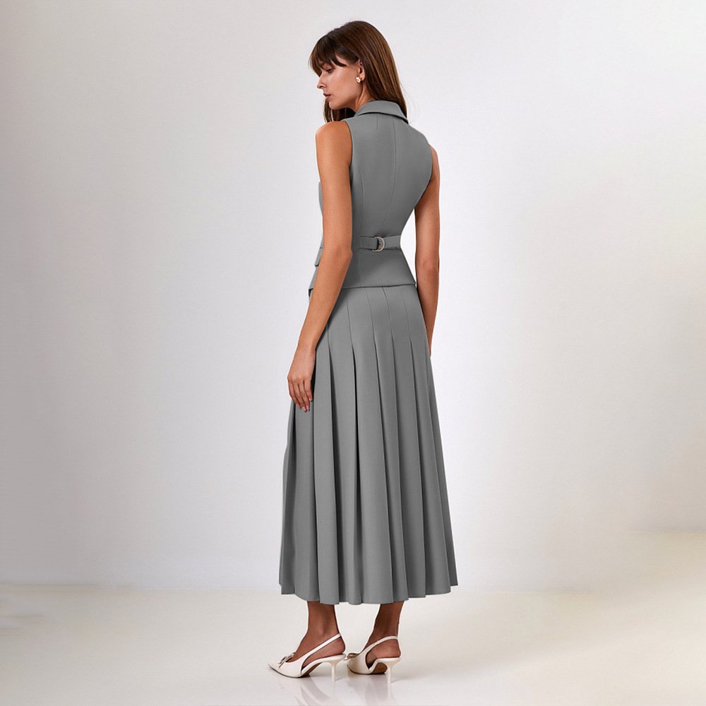 Autumn 2024 Elegant New Style Long Skirt Suit Sleeveless Vest Pleated Long Dress Two-piece Set Office Lady