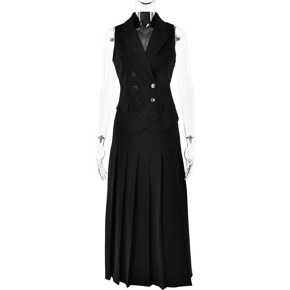 Autumn 2024 Elegant New Style Long Skirt Suit Sleeveless Vest Pleated Long Dress Two-piece Set Office Lady