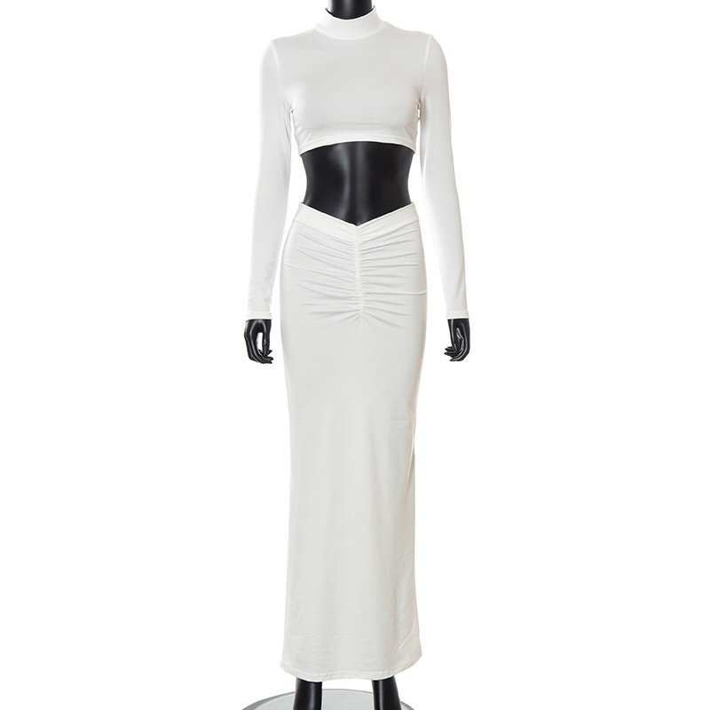 Sexy Long Sleeve Stand Collar Crop Tops Skinny Long Pleated Skirts Sets New Fashion Women 2 Piece Set