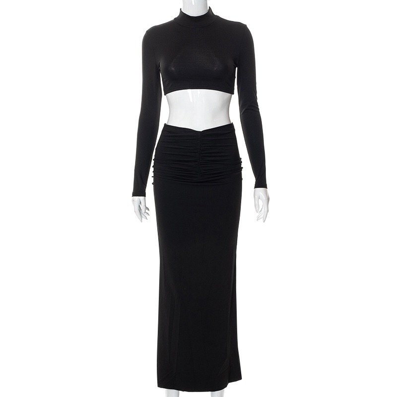 Sexy Long Sleeve Stand Collar Crop Tops Skinny Long Pleated Skirts Sets New Fashion Women 2 Piece Set