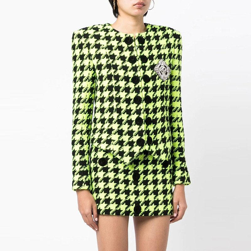 A7361 Plus Size Cotton Tweed Short Blazer and Mini Skirt Women Two Piece Set