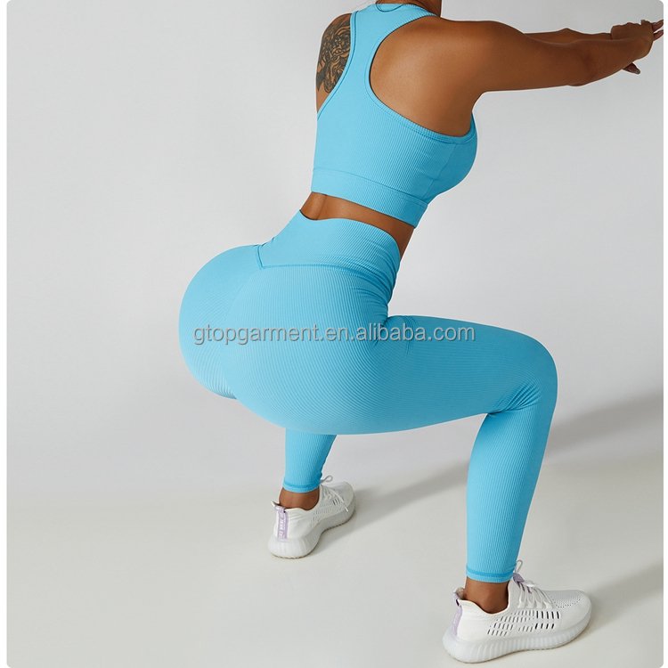 Athletic wear women sets sport bra crop t shirts cross waist leggings 4 piece ribbed women training wear set
