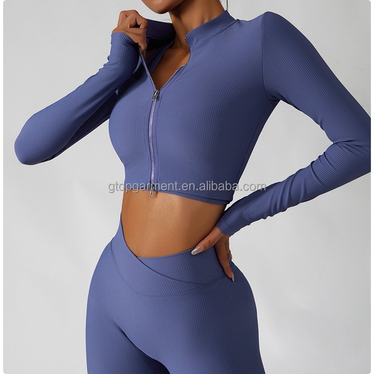 Athletic wear women sets sport bra crop t shirts cross waist leggings 4 piece ribbed women training wear set