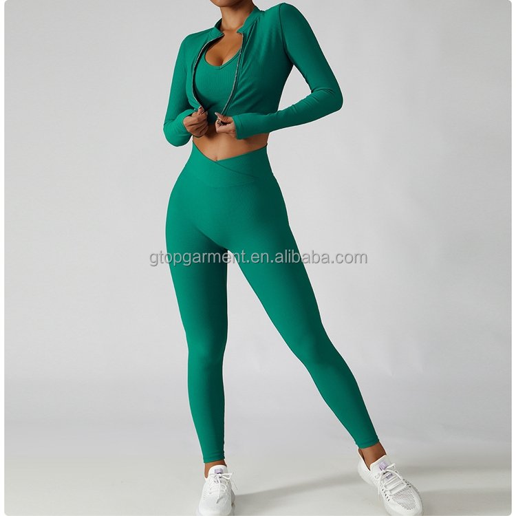 Athletic wear women sets sport bra crop t shirts cross waist leggings 4 piece ribbed women training wear set