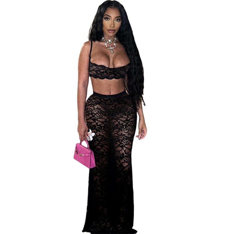 Peeqi K24S50069 new sexy summer lace sleeveless cami crop top and skirt 2 piece set solid bodycon see through women's set