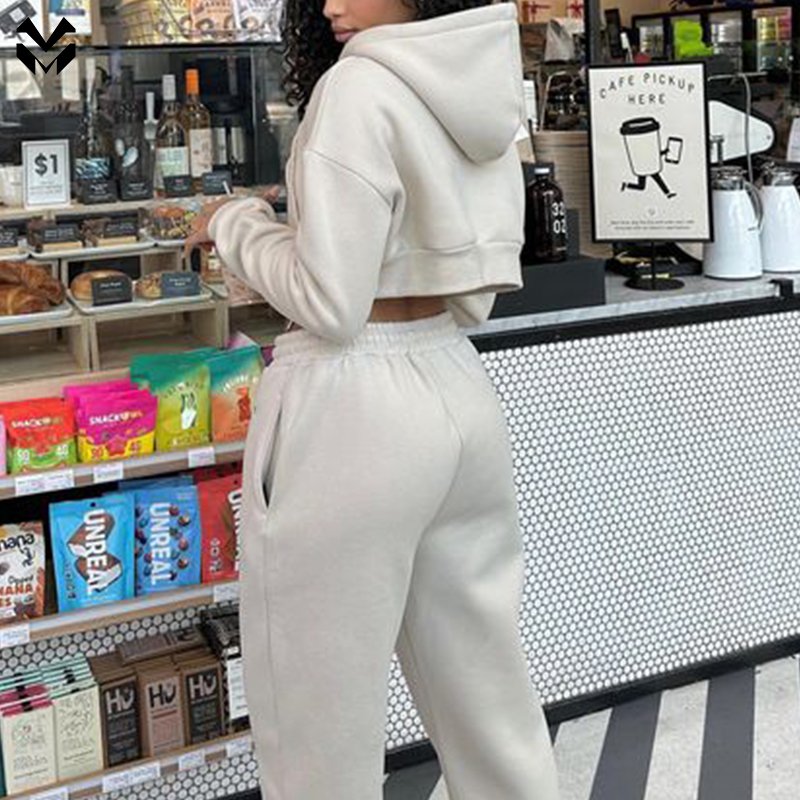 Custom Logo Cropped Zip Up Hoodie Heavyweight Baggy Sweatpants High Quality Women's Plain Blank Tracksuit Jogger Sweat Suit