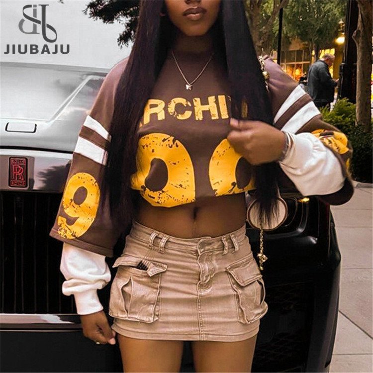 Letter Printing Streetwear Hoodie Women Grunge Vintage Casual Long Sleeve Fake Two Piece Sweatshirt