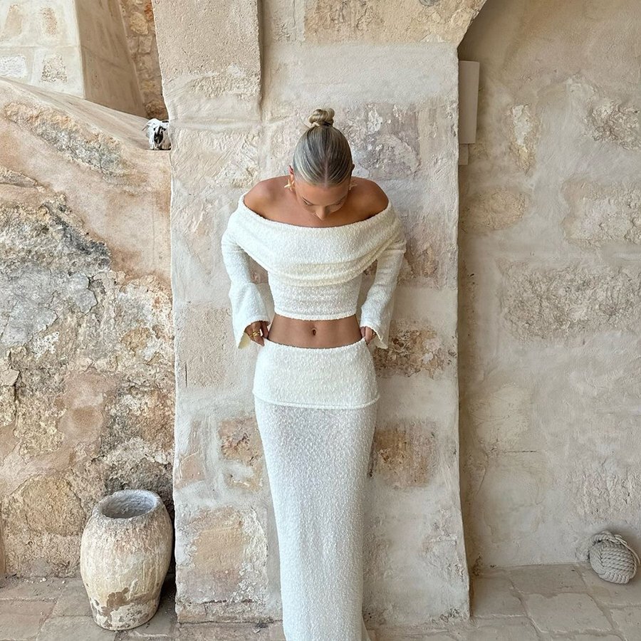 Kliou W24S52557 New Fall 2 Piece Set Women Casual Knitted Wear Two Pieces Off Shoulder Tops+ Skirt Women's Sets
