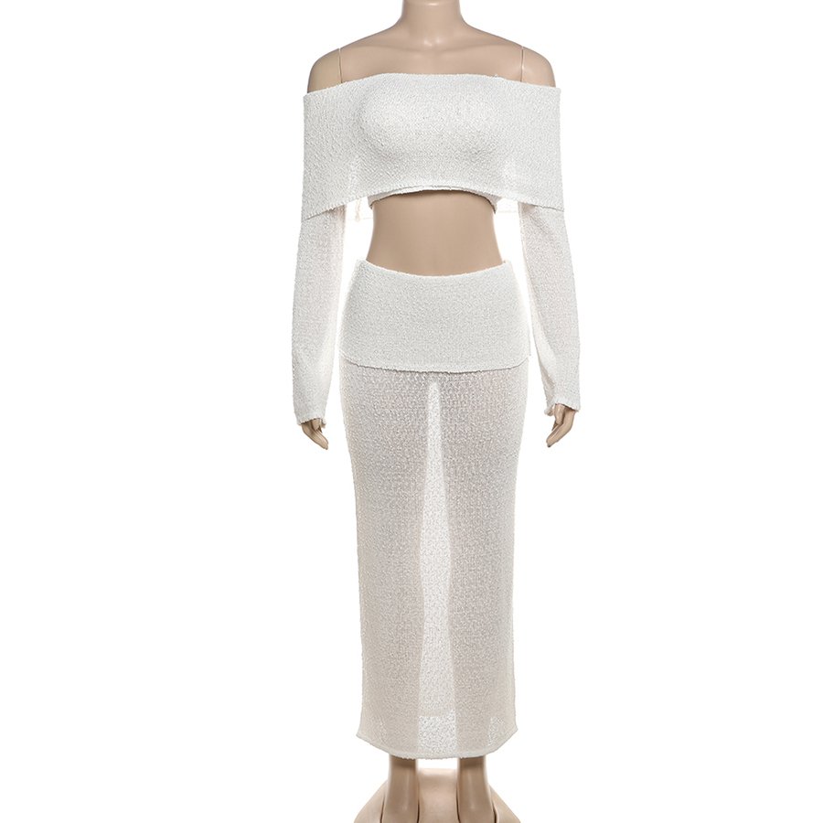 Kliou W24S52557 New Fall 2 Piece Set Women Casual Knitted Wear Two Pieces Off Shoulder Tops+ Skirt Women's Sets