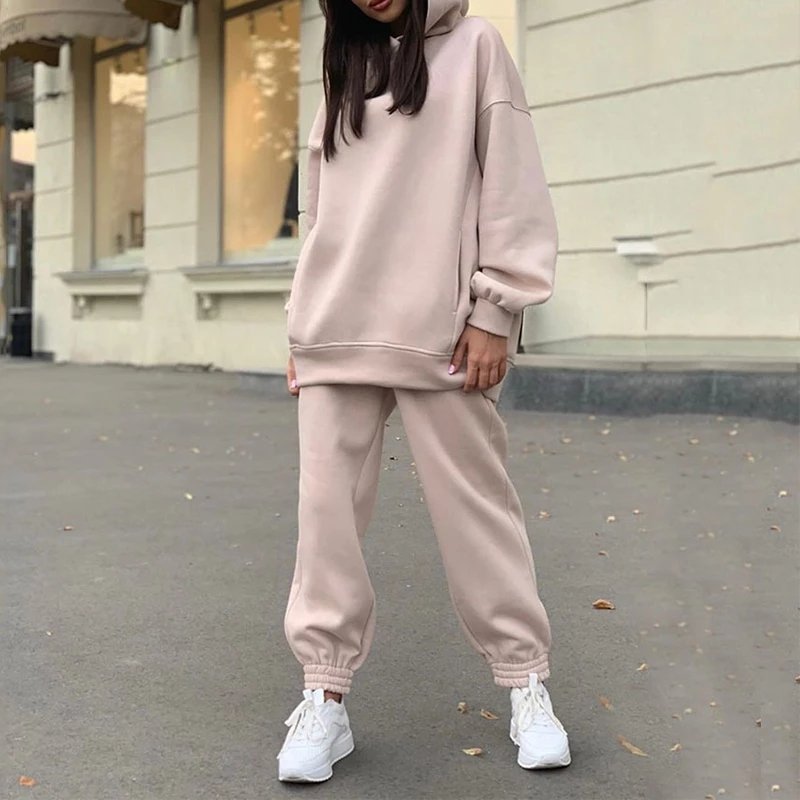 2022 New Women Girls Two Piece Set Casual Fleece Tracksuit Oversize Hooded Long Sleeve Hoodies Suit Winter Solid Sport Pants Set