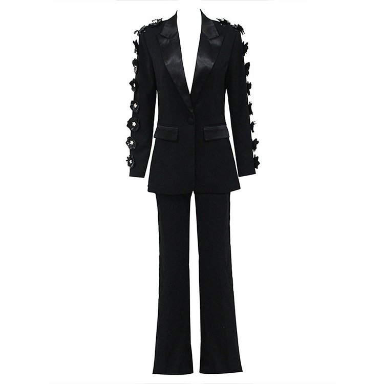 New Arrivals High Quality Black Flowers Deep V Neck Blazers Long Pant Two Piece Sets Women's Suits Blazers