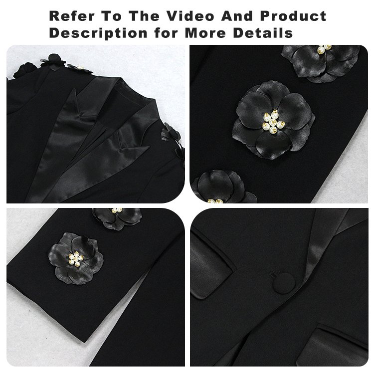 New Arrivals High Quality Black Flowers Deep V Neck Blazers Long Pant Two Piece Sets Women's Suits Blazers