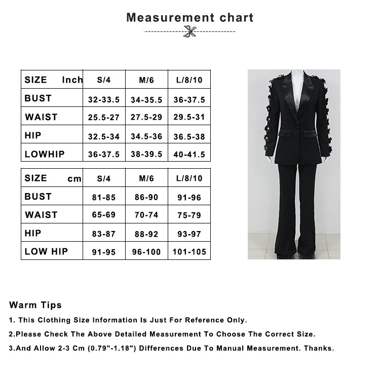 New Arrivals High Quality Black Flowers Deep V Neck Blazers Long Pant Two Piece Sets Women's Suits Blazers