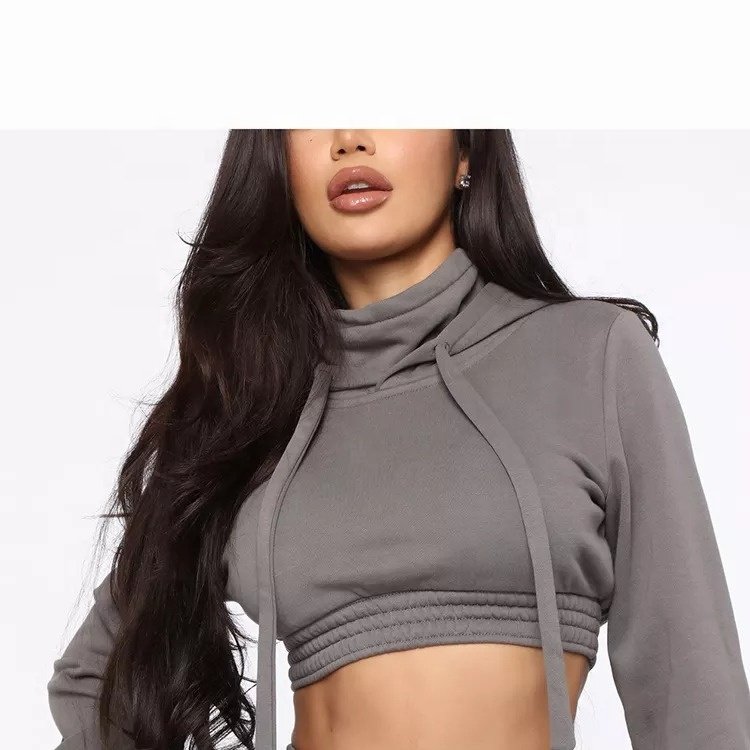 Custom Plain Blank Fleece Solid Color Cotton Crop Hoodie Sweat Suit Set Tracksuit Women crop top Sweatsuit with custom logo