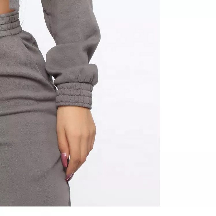 Custom Plain Blank Fleece Solid Color Cotton Crop Hoodie Sweat Suit Set Tracksuit Women crop top Sweatsuit with custom logo