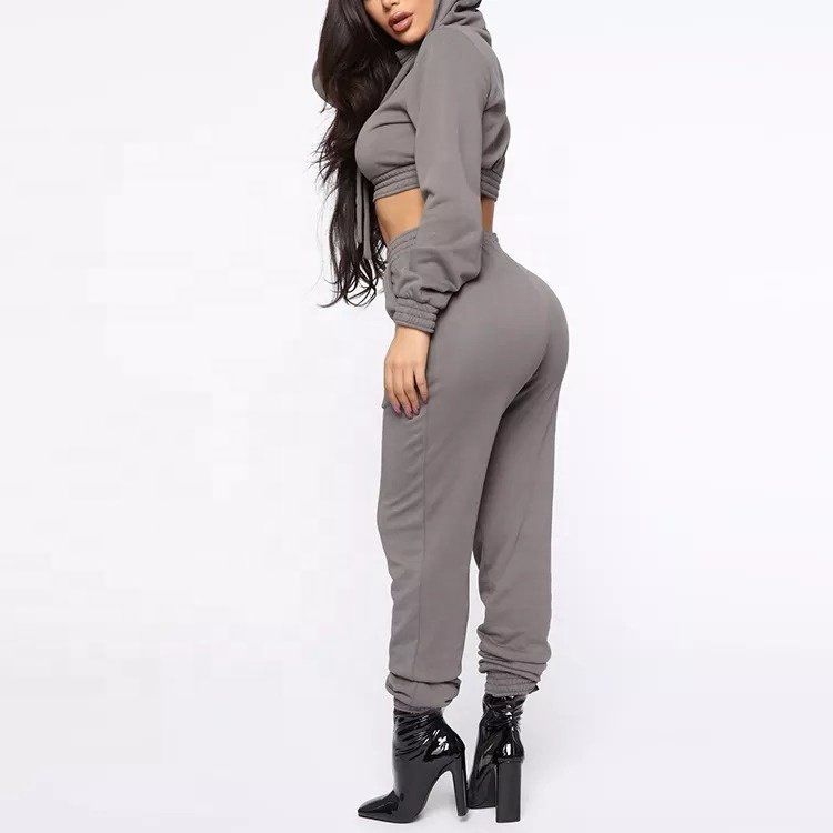 Custom Plain Blank Fleece Solid Color Cotton Crop Hoodie Sweat Suit Set Tracksuit Women crop top Sweatsuit with custom logo
