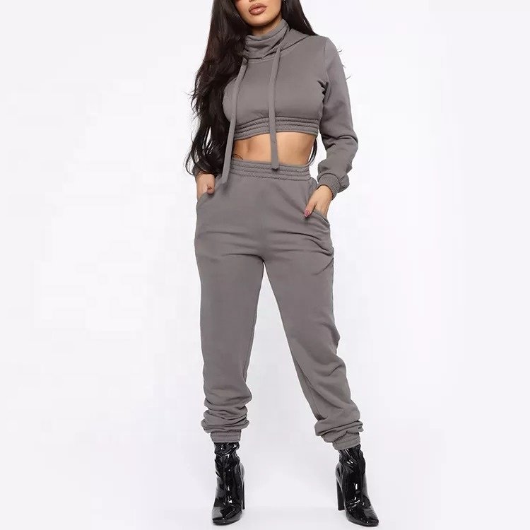 Custom Plain Blank Fleece Solid Color Cotton Crop Hoodie Sweat Suit Set Tracksuit Women crop top Sweatsuit with custom logo
