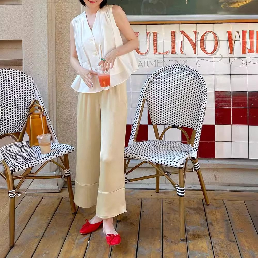 Wholesale 2024 Summer New Fashionable French Sleeveless Pocket Shirt V-neck A-hem Tank Top Straight leg Pants Women's Set