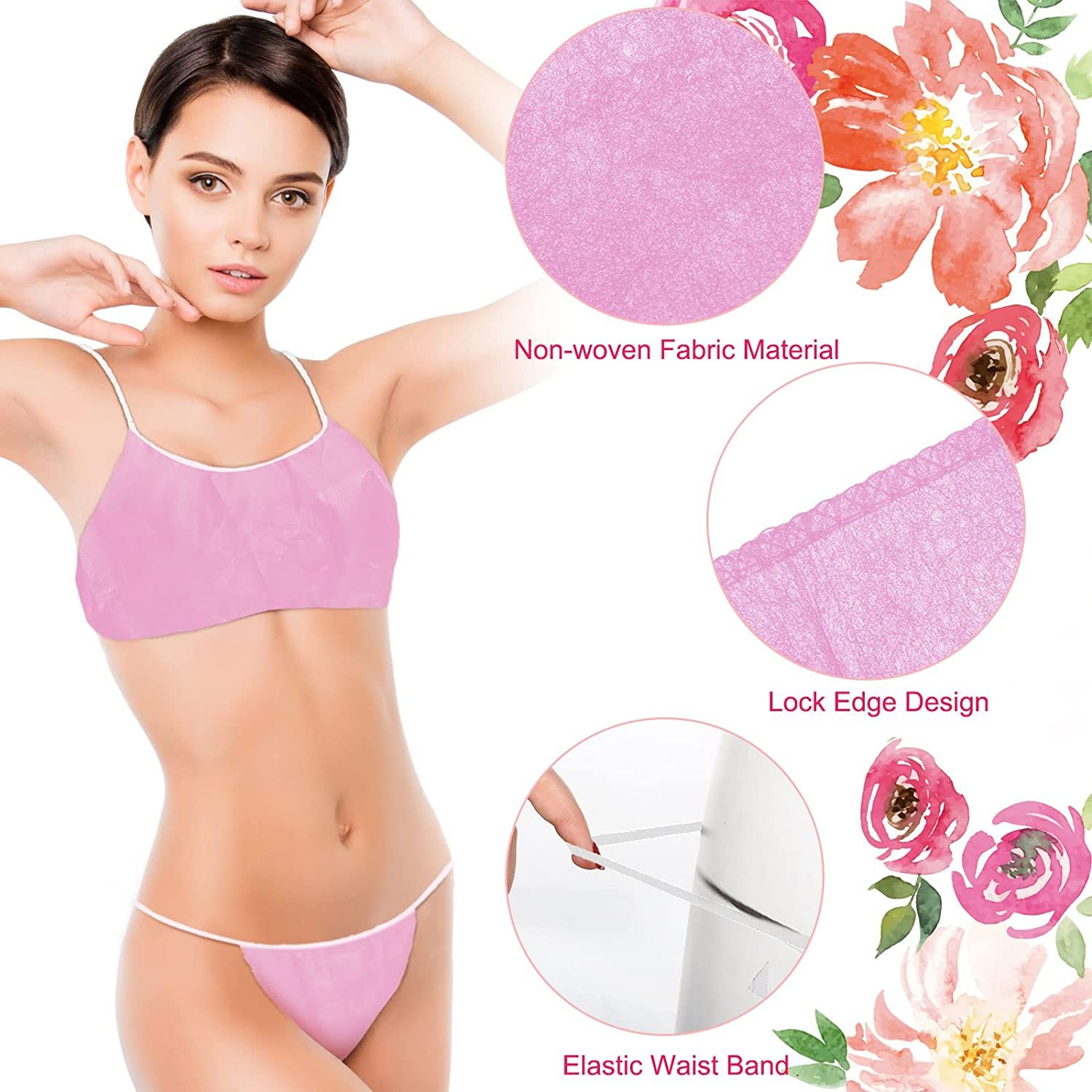 Disposable Spa Underwear and Panties Set for Women Disposable Thongs Bra Women's Spa Panty Thong Set Pink
