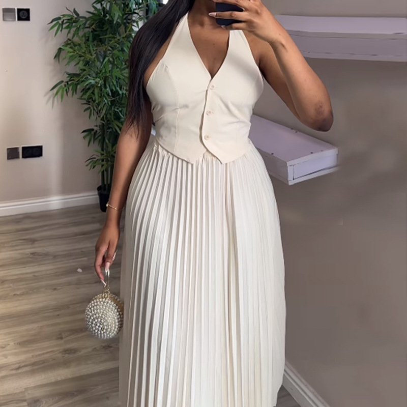 New Arrivals Clothing Women Button Front Little Black Two Skirt Set New Style Suit Collar Waistcoat Pleated Skirt Casual Suit