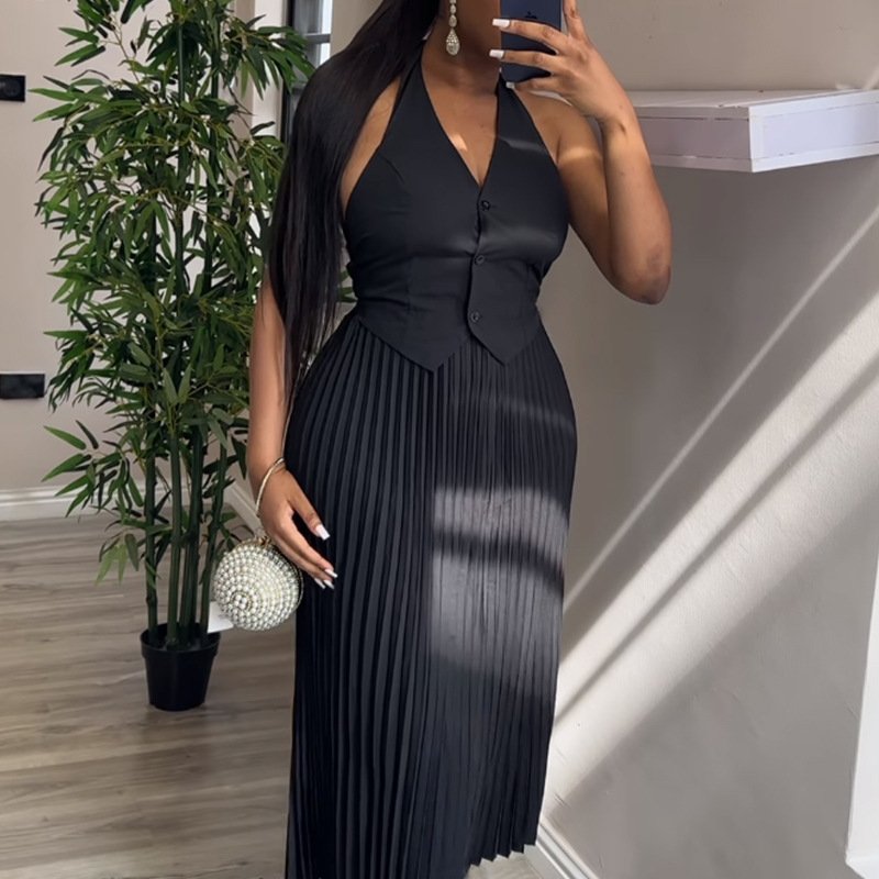 New Arrivals Clothing Women Button Front Little Black Two Skirt Set New Style Suit Collar Waistcoat Pleated Skirt Casual Suit