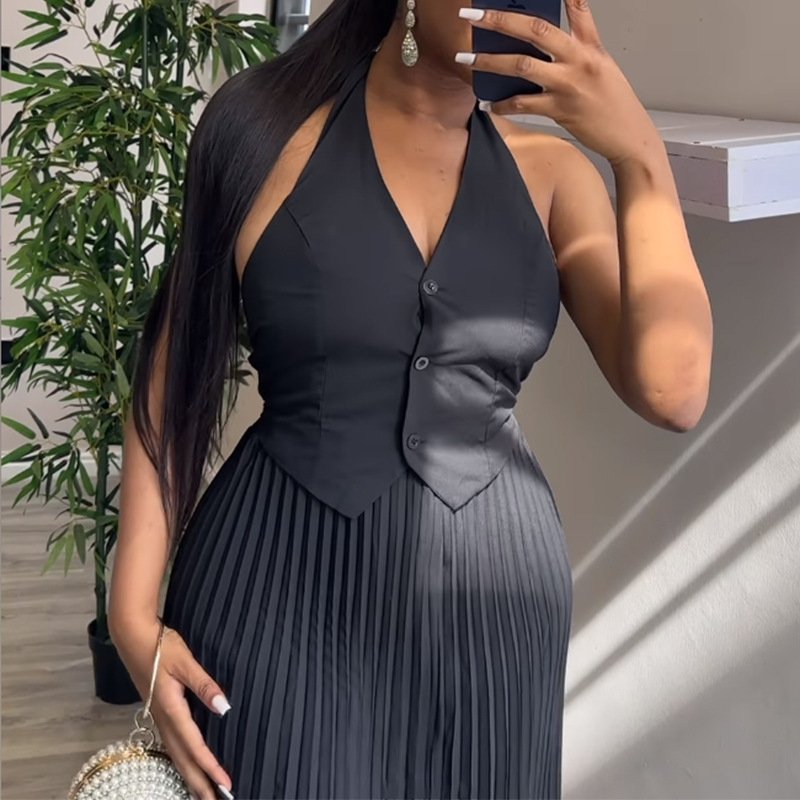 New Arrivals Clothing Women Button Front Little Black Two Skirt Set New Style Suit Collar Waistcoat Pleated Skirt Casual Suit