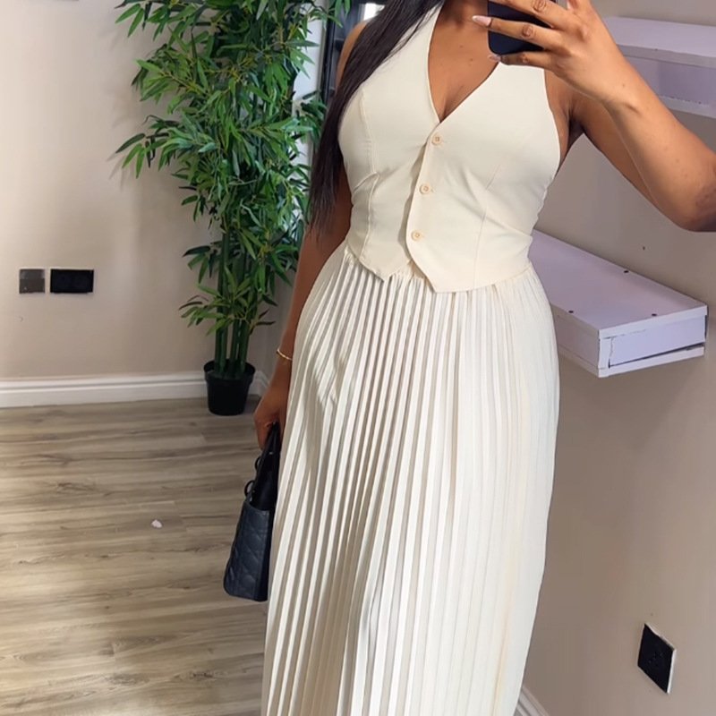 New Arrivals Clothing Women Button Front Little Black Two Skirt Set New Style Suit Collar Waistcoat Pleated Skirt Casual Suit