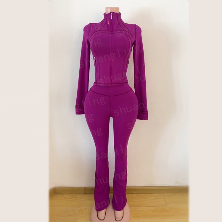 Lulu Jacket Long Sleeve Workout Gym Wear Fitness Track Jackets Yoga Leggings High Waist Flared Pants Tracksuit Set For Women