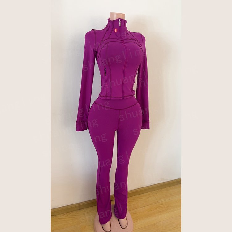 Lulu Jacket Long Sleeve Workout Gym Wear Fitness Track Jackets Yoga Leggings High Waist Flared Pants Tracksuit Set For Women
