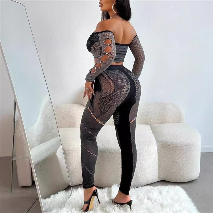 Knit Sexy 2 Piece Set Outfit Women Off Shoulder Long Sleeves Rhinestone Hollow Crop Tops and Pants Set