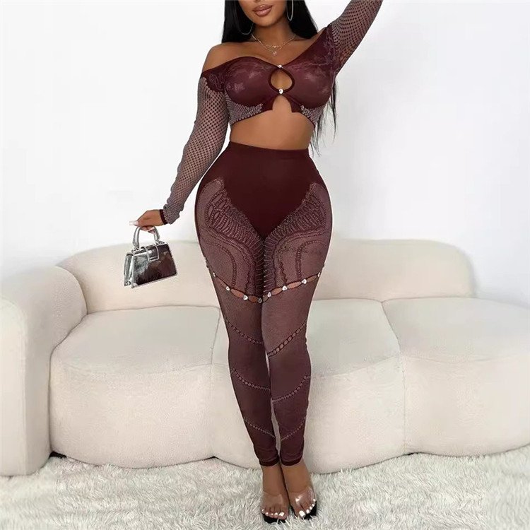 Knit Sexy 2 Piece Set Outfit Women Off Shoulder Long Sleeves Rhinestone Hollow Crop Tops and Pants Set