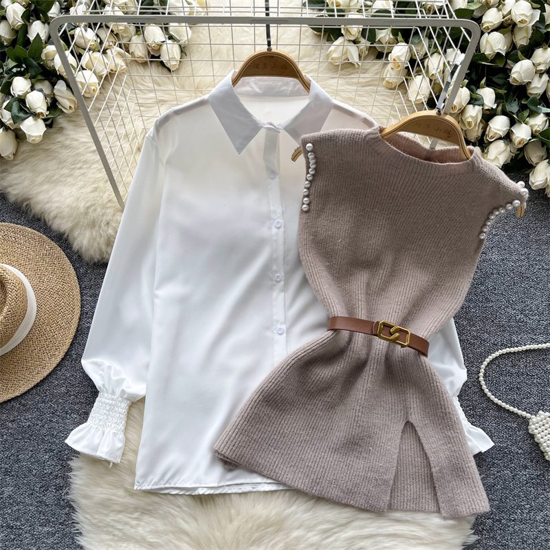Beaded Split Knitted Vest +Long-sleeved Shirt 2-piece suit Elegant White Shirt With Sweater Vest Two-piece Set For Women