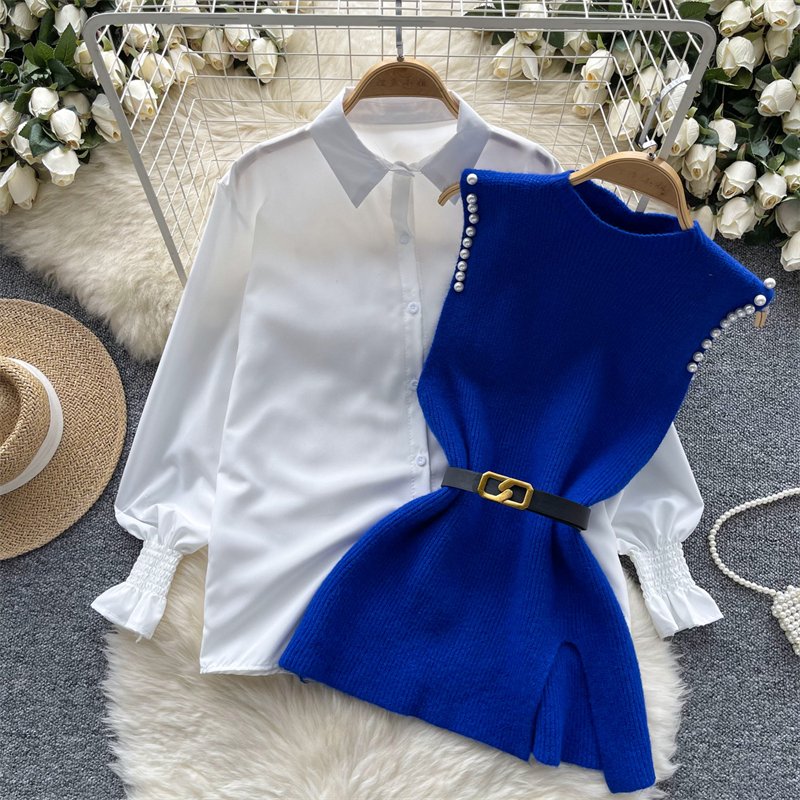 Beaded Split Knitted Vest +Long-sleeved Shirt 2-piece suit Elegant White Shirt With Sweater Vest Two-piece Set For Women