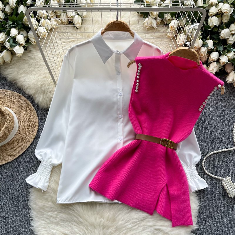 Beaded Split Knitted Vest +Long-sleeved Shirt 2-piece suit Elegant White Shirt With Sweater Vest Two-piece Set For Women