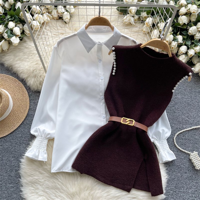 Beaded Split Knitted Vest +Long-sleeved Shirt 2-piece suit Elegant White Shirt With Sweater Vest Two-piece Set For Women