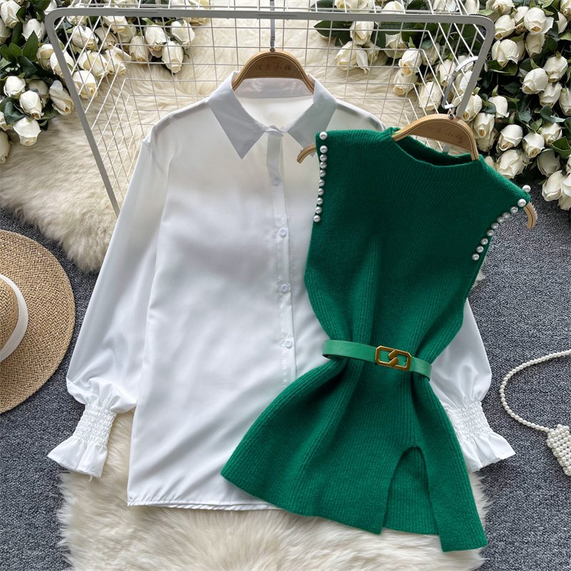 Beaded Split Knitted Vest +Long-sleeved Shirt 2-piece suit Elegant White Shirt With Sweater Vest Two-piece Set For Women