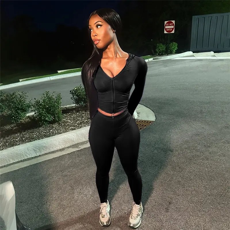 Custom Logo Women Two Piece Pants Sets Fall 2024 Clothes Hoodie Jacket and Legging Fitness Outfits Skinny Tracksuit Set