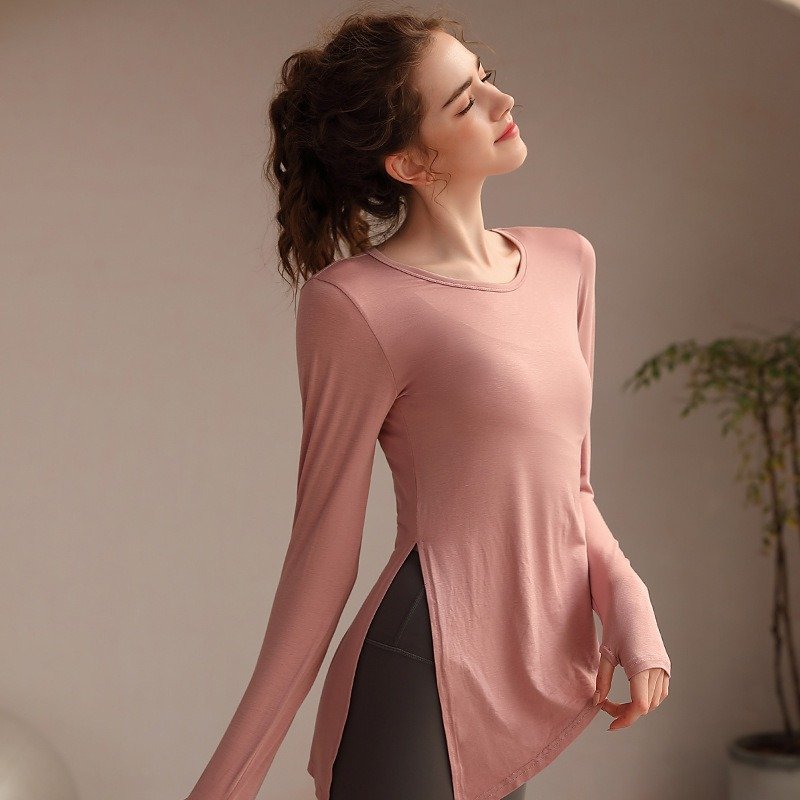 Autumn Yoga Women's Wide Loose Bottom Split Sports Top Running Quick Drying Breathable T-shirt Long Sleeve Fitness Suit