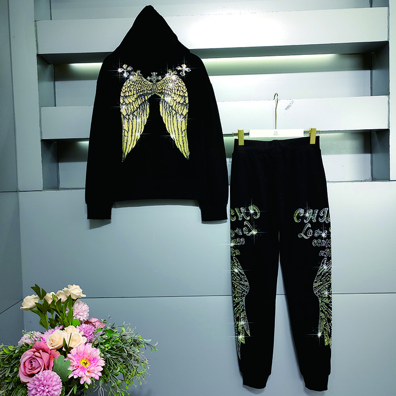 Hot Sell Casual Two Piece Set Rhinestone Women'S Hoodies Sweatshirt Sweatpants Hot Drill Hoodie Set