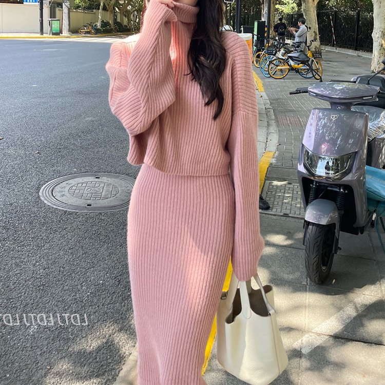 factory custom logo Autumn Knitted dress autumn ladies suit winter sweater skirt two piece women's set