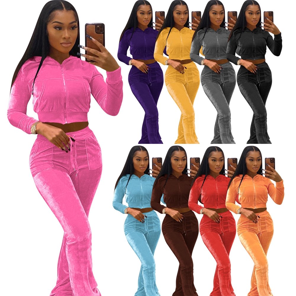 2024 Fall Women's Hoodie Set Zipper Pocket Crop Top Jacket Velvet Jogging Sets Velvet Velour Tracksuits Women Two Piece Set